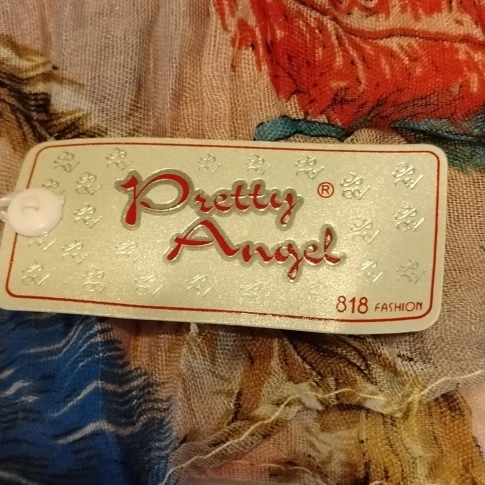 Pretty Angel Linen Scarf with Multicolor Pattern and Beads, NWT